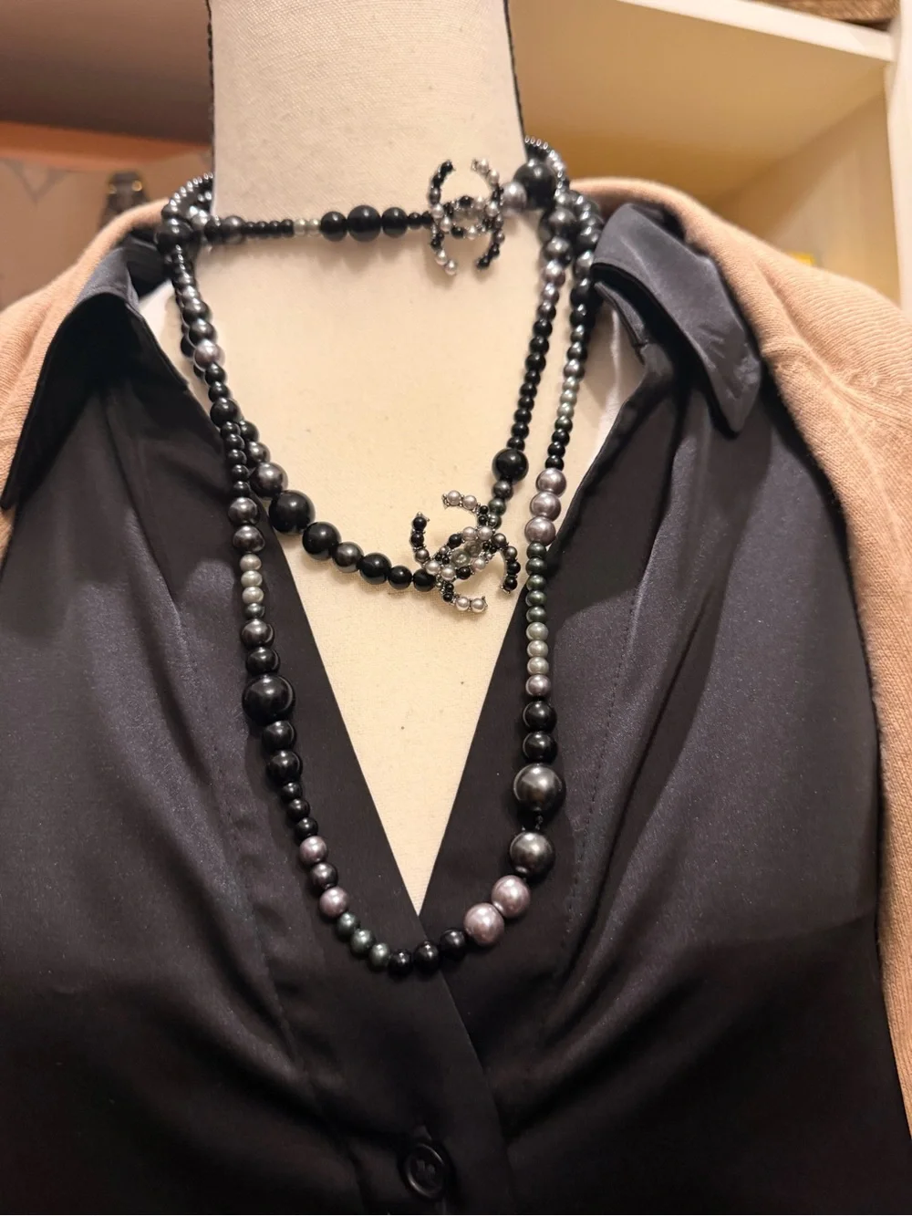 CHANEL Long Black and Silver Beaded Necklace with Pearl Accents